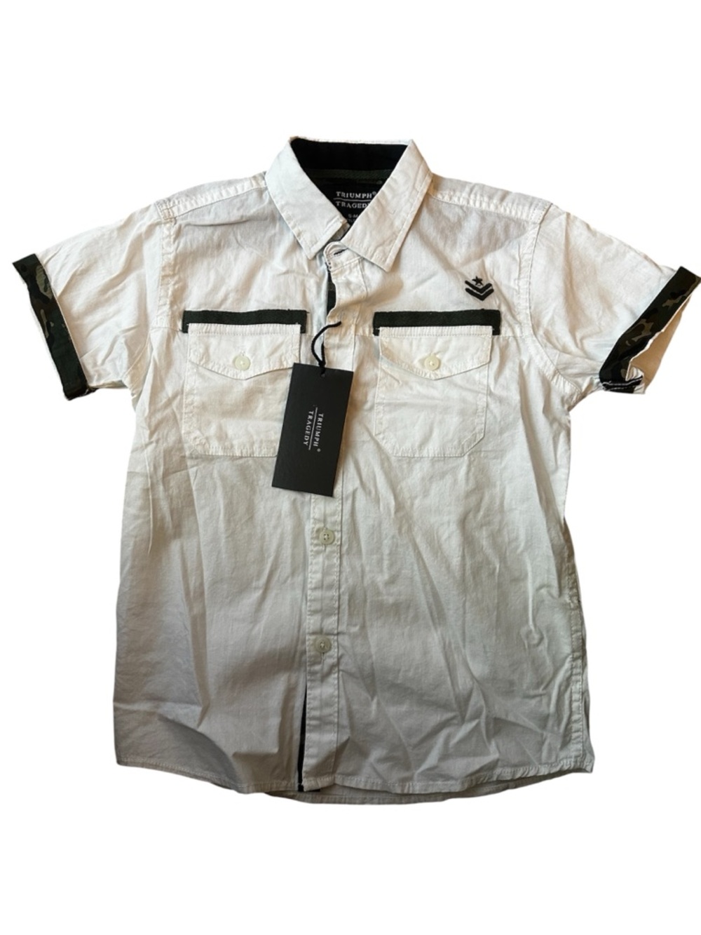 Triumph Tragedy White Short-Sleeve Button-Up Shirt, 5M